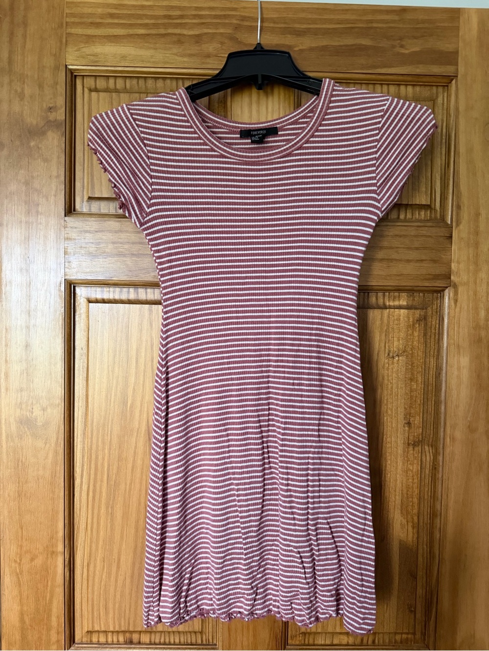 Ribbed Striped Short Sleeve Dress - Mauve/White